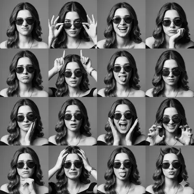 Black and White Photobooth Expression Grid 4x4