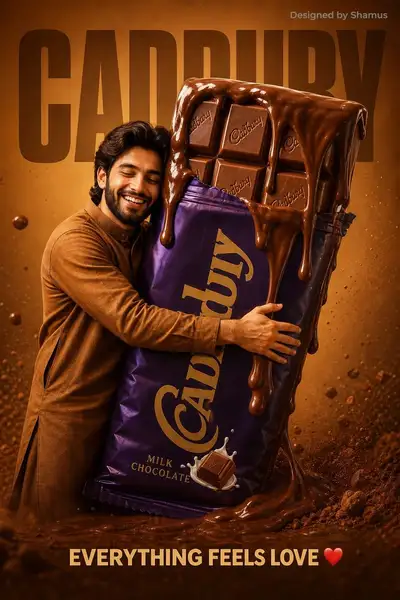 Cadbury-Werbeanzeige mit Umarmung eines riesigen Schokoriegels
