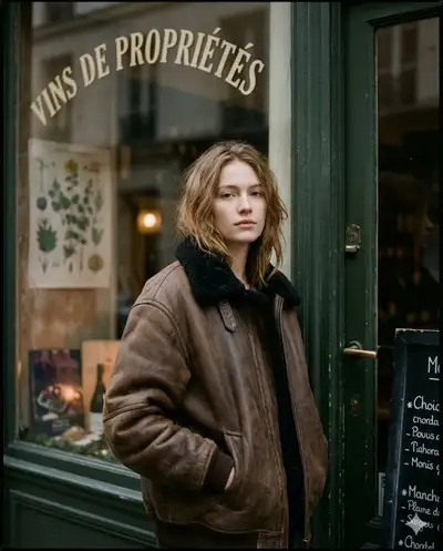 Moody Paris storefront street portrait in an oversized coat