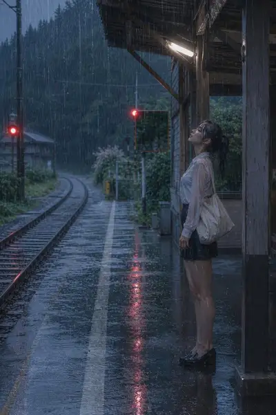 Retrato en estación de tren sin personal bajo la lluvia con reflejo de la señal luminosa