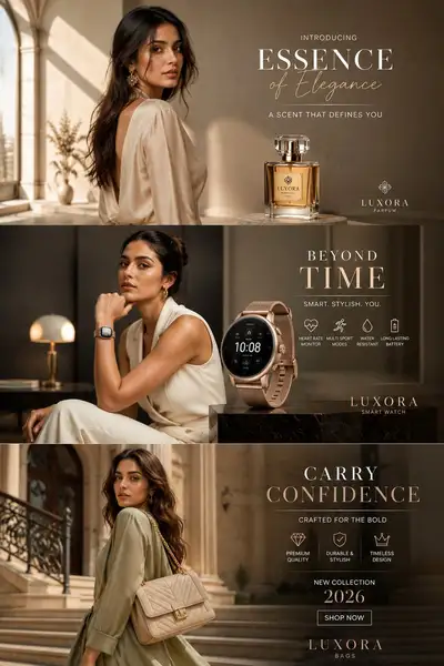 Anuncio de moda de lujo de 3 paneles con perfume, reloj y bolso