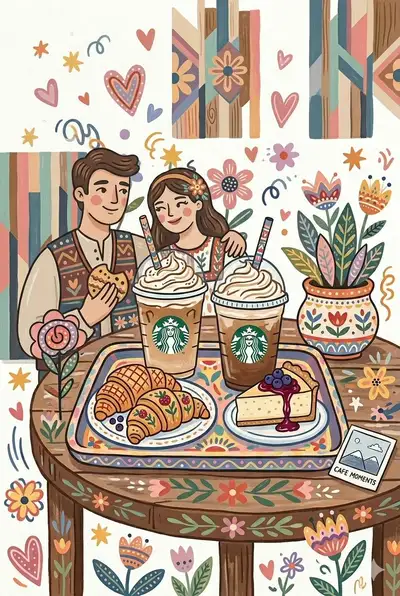 Whimsical Folk-Art Cafe Date Illustration