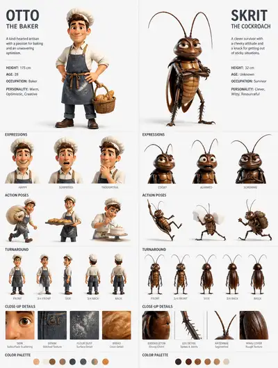 Folha de design de personagem 3D para um padeiro e uma barata antropomórfica