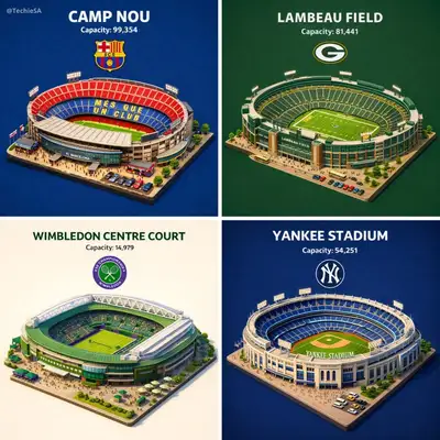 Isometric miniature 3D stadium scene with name and capacity