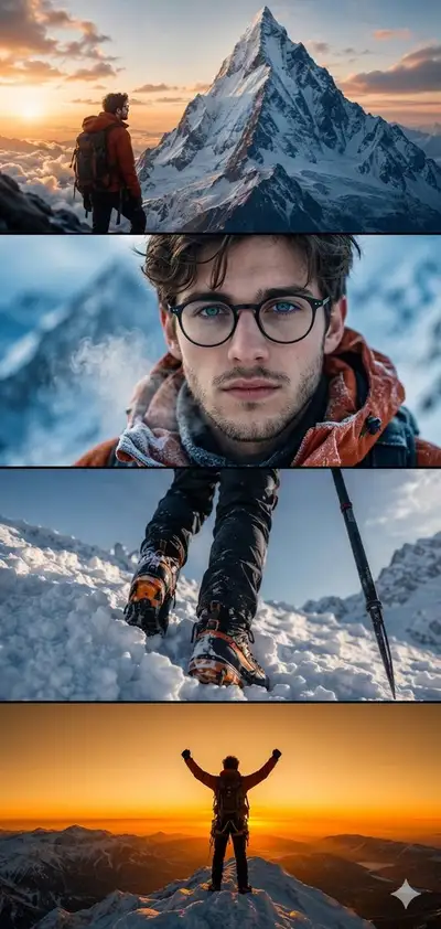Multi-Panel Film Strip Prompt for Mountaineer Ascent