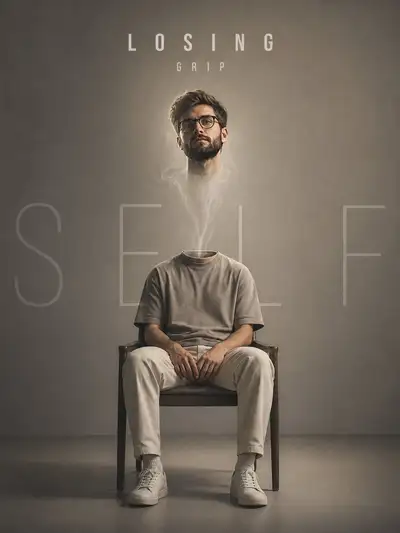 Surreales Dissoziations-Porträt mit schwebendem Kopf und minimaler Typografie