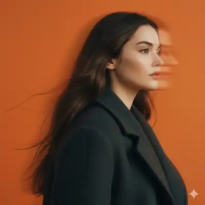 Studio portrait with motion blur against a bold orange backdrop