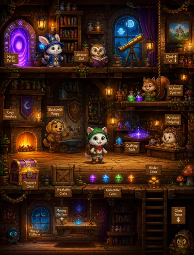 Fundo de nível de jogo: cabana aconchegante de bruxa em Lily's World