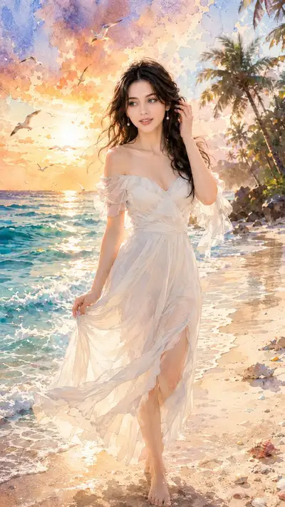 Romantic Sunset Beach Watercolor Fashion Illustration