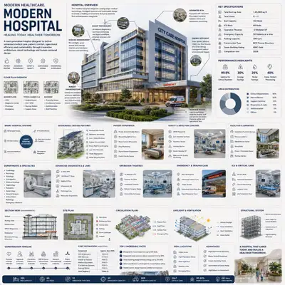 Modern hospital architecture infographic prompt