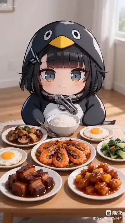 Chibi Penguin Onesie Girl Eating Seafood Feast