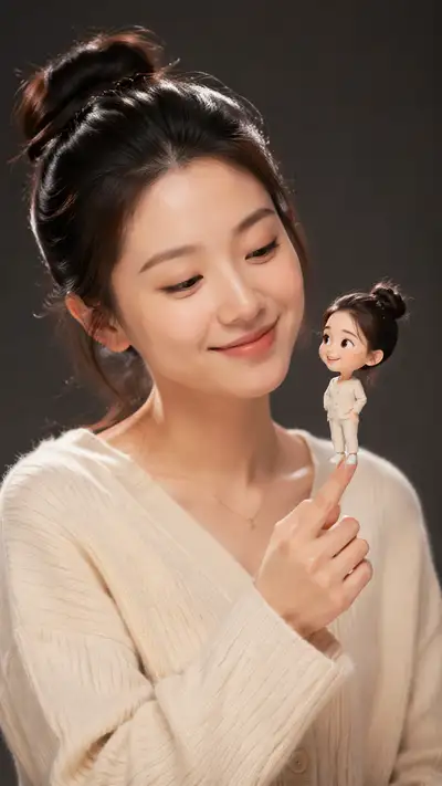 Studio portrait with mini cartoon avatar on fingertip