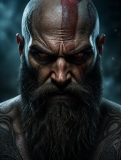 Hyper-photorealistic scarred warrior portrait