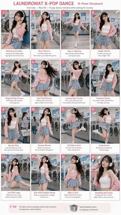K-pop dance choreography prompt set in a bright laundromat