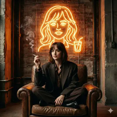 Cinematic Neo-Noir Portrait with Neon Sign