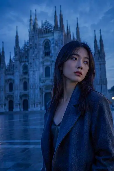 Einsame Frau bei Morgengrauen auf der leeren Piazza del Duomo