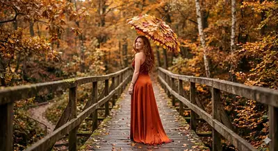 Autumn Bridge Portrait with Maple Leaf Umbrella