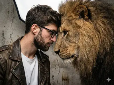 Rugged portrait of a man bonding with a lion