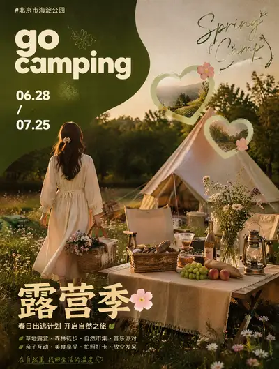 Spring camping event poster with vintage film photography style