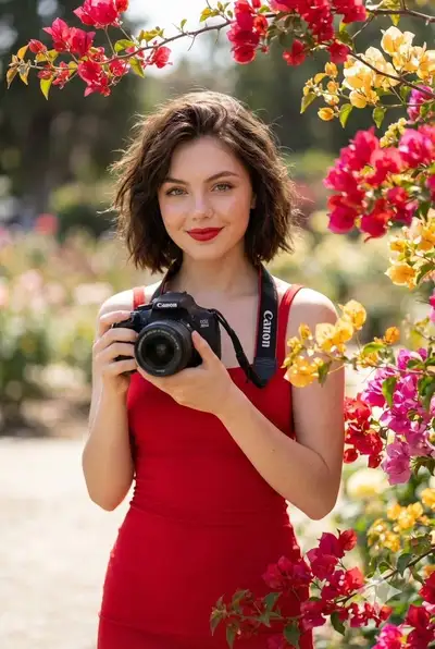 Candid high-key portrait of a woman in a red bodycon dress