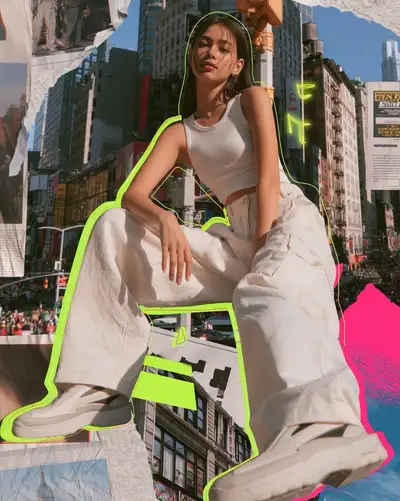 Fotorealistisches Streetwear-Collage-Porträt vor neonfarbenem New-York-Hintergrund