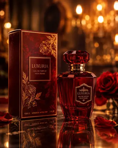Luxury perfume ad on black marble table, cinematic lighting