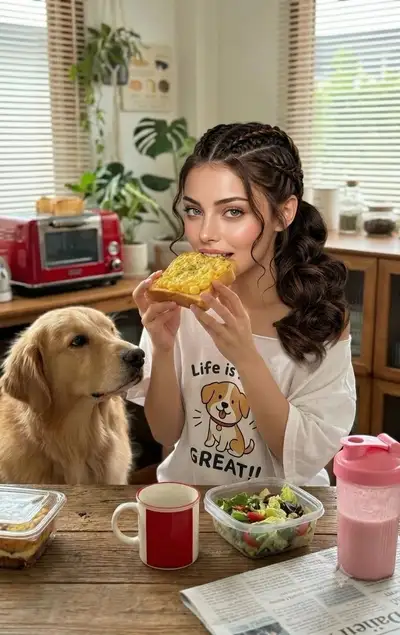 Portrait matinal chaleureux avec golden retriever et toasts