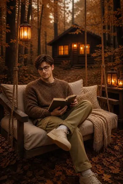 Escena acogedora de lectura en columpio en bosque otoñal