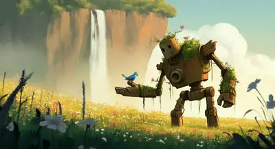 Verwitterter Holz-Mech im Wildblumenfeld