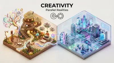 Miniature split diorama of two parallel worlds