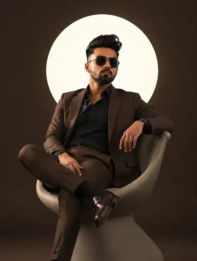 Futuristic studio portrait in brown designer suit