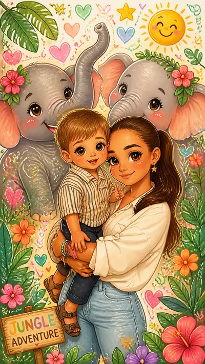 Kawaii storybook illustration with elephants