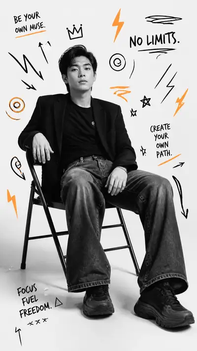 Black and white studio portrait with floating graffiti elements