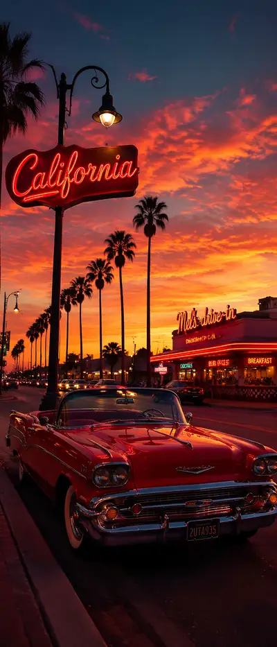 Retro California roadside Chevrolet sunset photography
