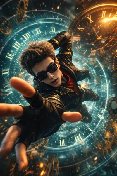 Pose de acción cayendo por un vórtice de reloj brillante