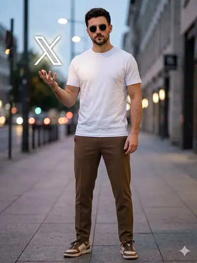 Stylish Man with Glowing X Logo on City Sidewalk