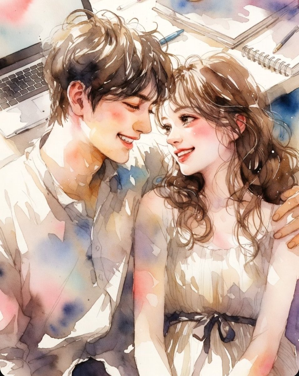 A beautiful watercolor illustration of a young, romantic couple sitting close