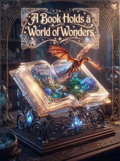 Art Nouveau magic tome revealing a fantasy world inside