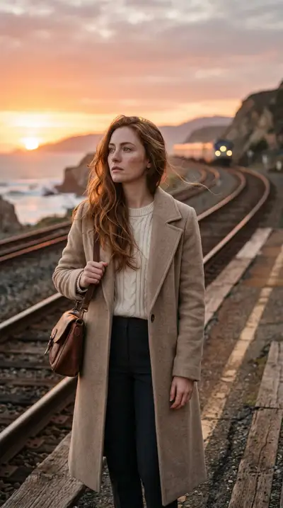 Cinematic portrait of a woman on a sunset railway platform