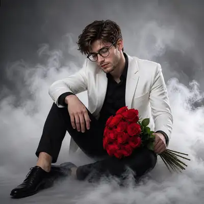 Portrait de studio mélancolique avec fumée et roses rouges