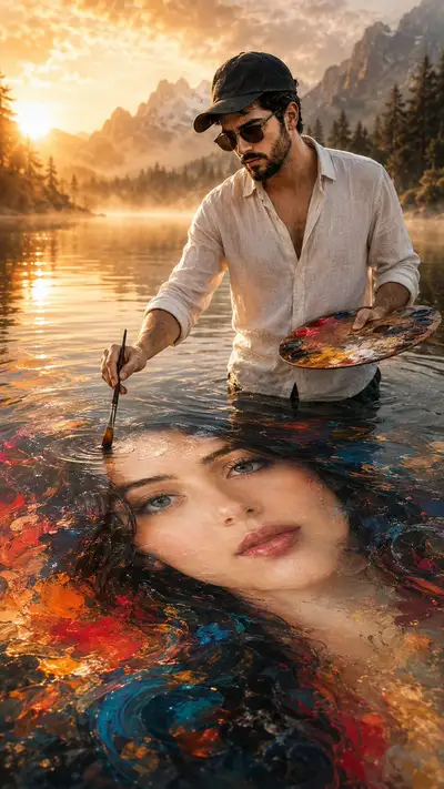 Prompt surreal de retrato pintado sobre a água num lago ao amanhecer