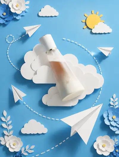 Paper-craft product flat lay with cut-paper clouds and airplanes