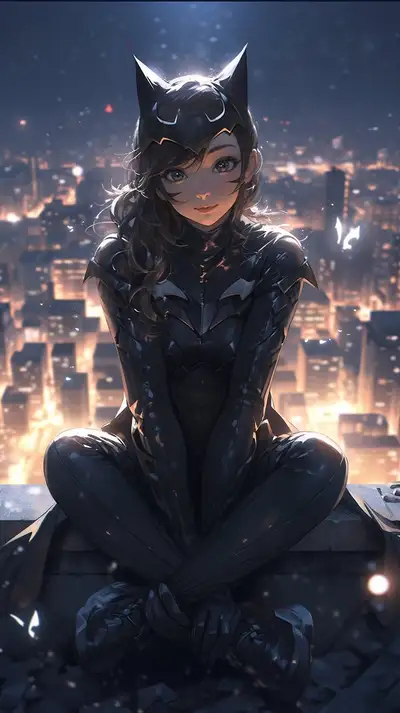 Catwoman on Skyscraper Roof at Night - Niji Prompt