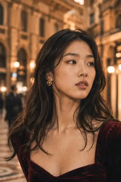 Vintage Cinematic Portrait of Chinese Model in Milan Arcade