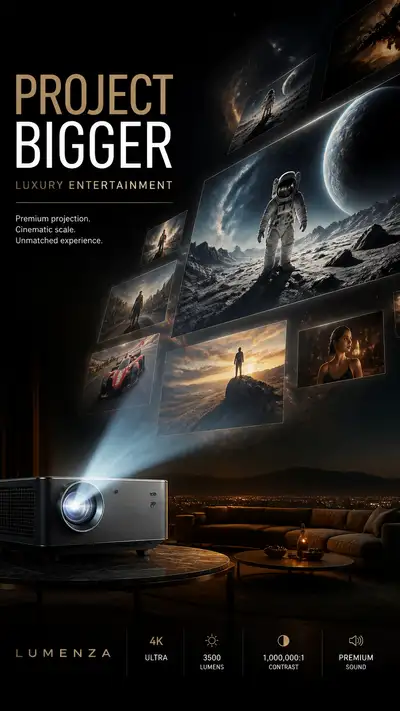 Luxury projector ad with floating cinematic frames