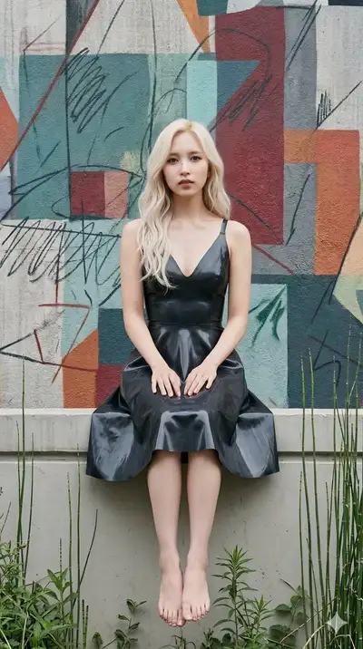 Black Swan Elegance Portrait in Latex Summer Dress