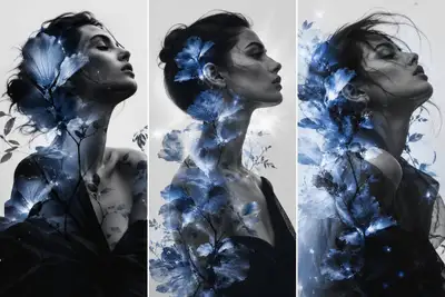 Luxury Surreal Fashion Triptych with Blue Botanical Double Exposure