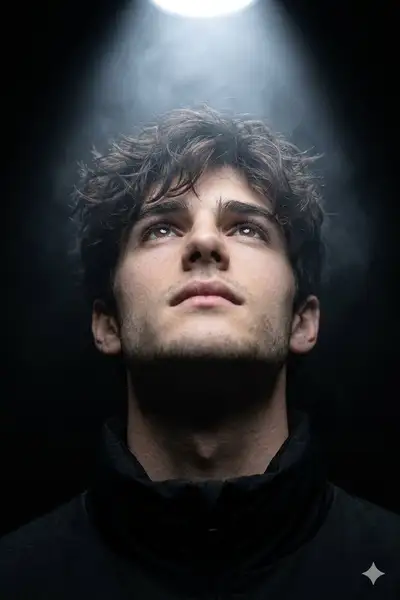 Cinematic top-lit close-up portrait looking upward into light