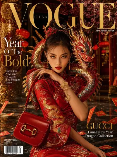龍と赤いチャイナドレスのVogueチャイナ新年号カバー