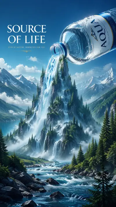 Bottled water waterfall nature illusion ad